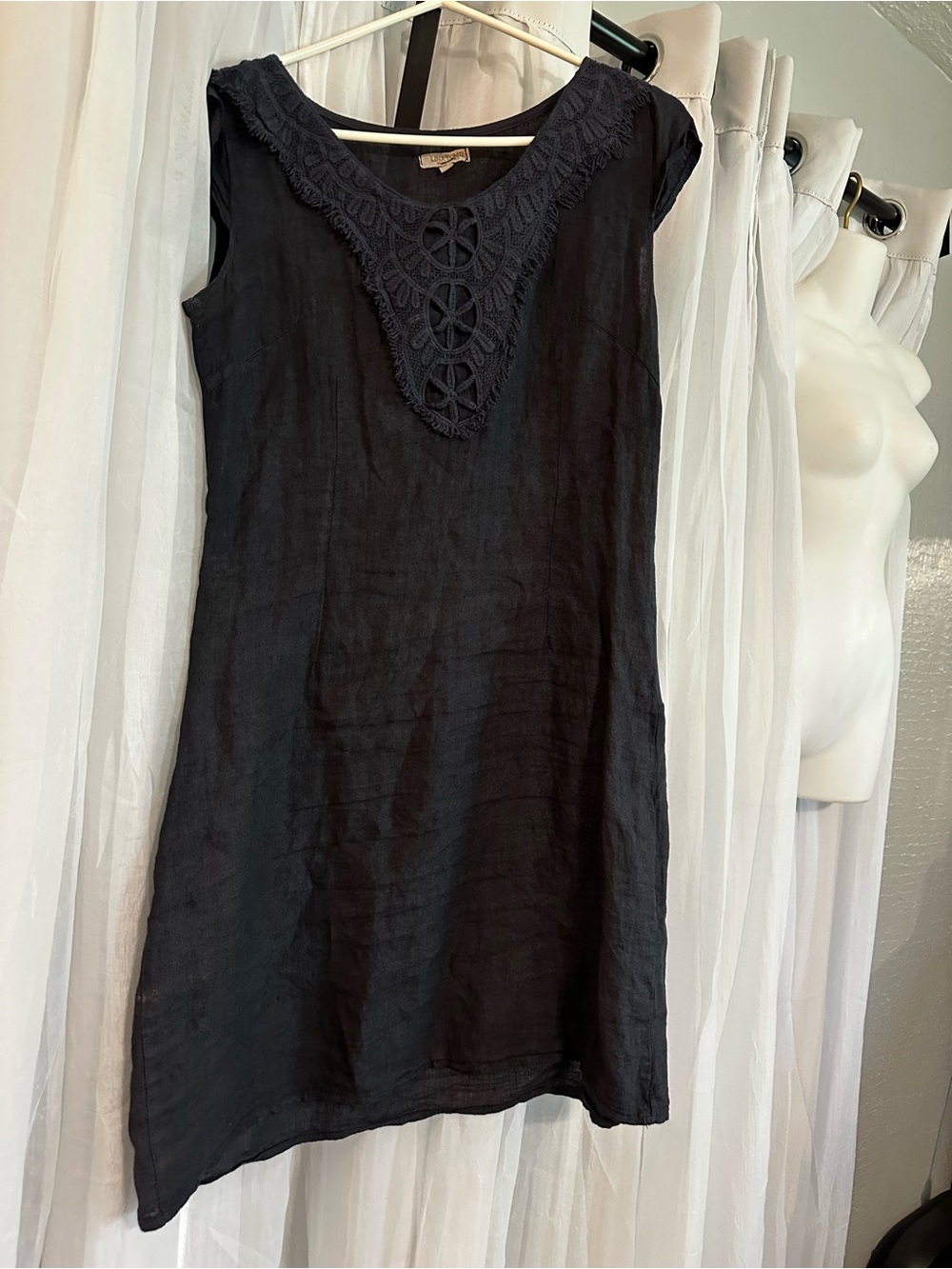 Navy Sleeveless Linen Dress with Crochet V-Neck